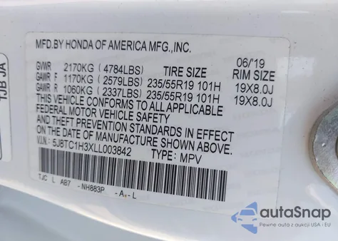 2020 Acura Rdx Standard from USA, damaged, VIN 5J8TC1H3XLL003842